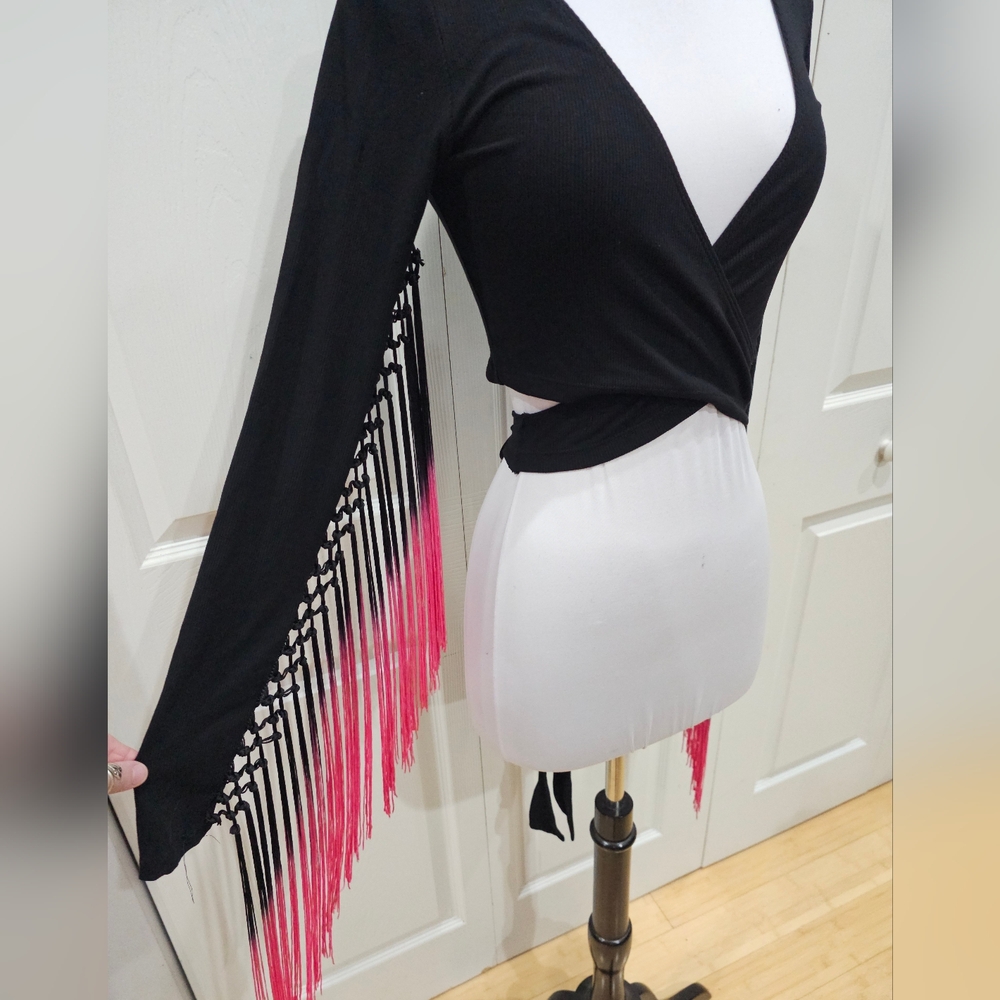 ~SOLD~ Dolls Kill Current Mood Black Pink Whirlwind Romancer Fringe Wrap Top S - Picture 4 of 7